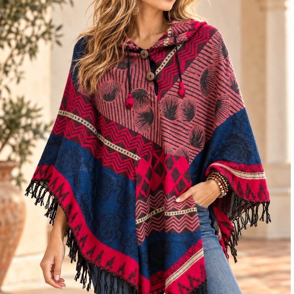 Karma Circle USA Women Red Blue Geometric Hooded Fringe Poncho Wrap One Size